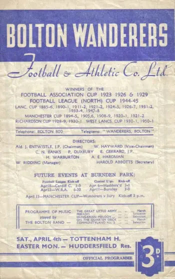 Spurs v Bolton Wanderers (04 Apr 1953) Programme