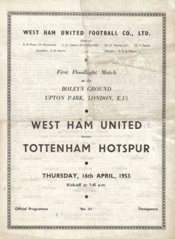 Spurs v West Ham United (16 Apr 1953) Programme