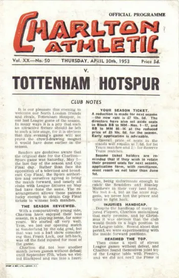 Spurs v Charlton Athletic (30 Apr 1953) Programme