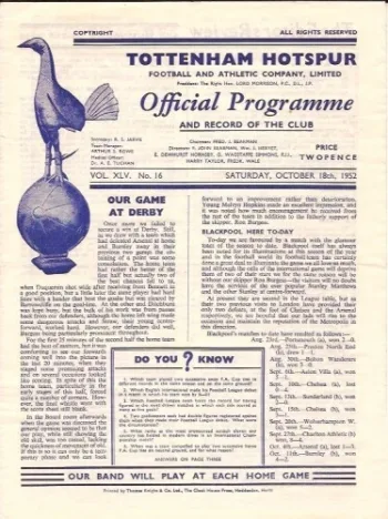 Spurs v Liverpool FC (15 Sep 1952) Programme