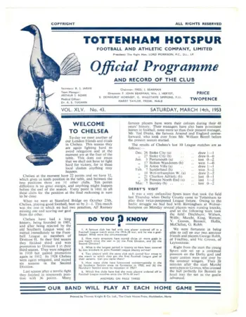Spurs v Chelsea FC (14 Mar 1953) Programme
