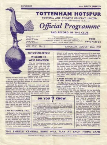 Spurs v West Bromwich Albion (23 Aug 1952) Programme