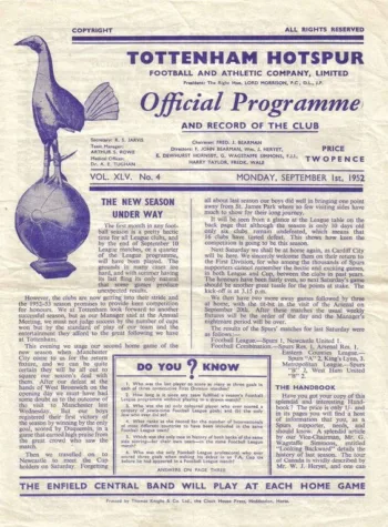 Spurs v Manchester City (01 Sep 1952) Programme