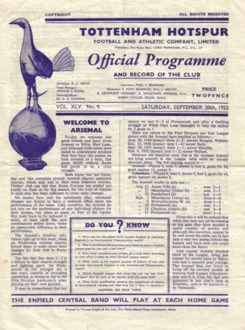 Spurs v Arsenal FC (20 Sep 1952) Programme
