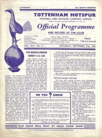 Spurs v Burnley FC (27 Sep 1952) Programme