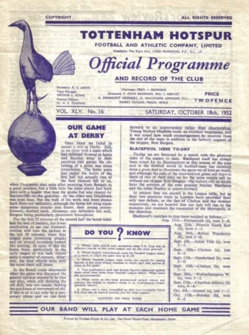 Spurs v Blackpool FC (18 Oct 1952) Programme