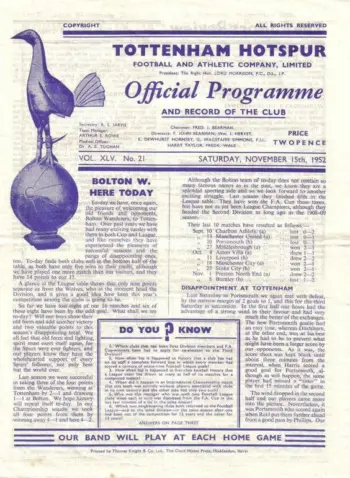 Spurs v Bolton Wanderers (15 Nov 1952) Programme