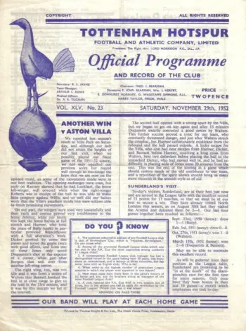 Spurs v Sunderland AFC (29 Nov 1952) Programme