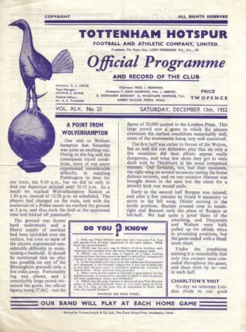 Spurs v Charlton Athletic (13 Dec 1952) Programme