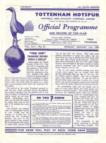 Spurs v Tranmere Rovers (12 Jan 1953) Programme