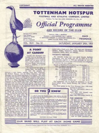 Spurs v Sheffield Wednesday (24 Jan 1953) Programme