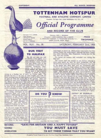 Spurs v Preston North End (21 Feb 1953) Programme