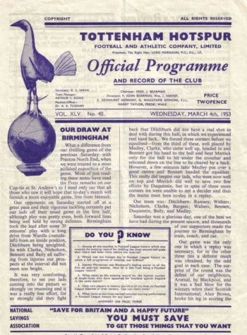 Spurs v Birmingham City (04 Mar 1953) Programme