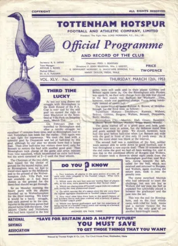 Spurs v Derby County (12 Mar 1953) Programme