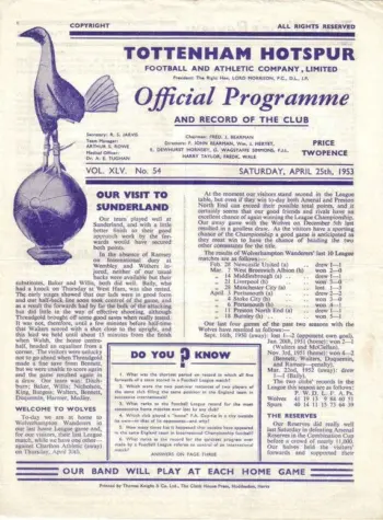 Spurs v Wolverhampton Wanderers (25 Apr 1953) Programme