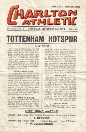Spurs v Charlton Athletic (03 Sep 1953) Programme