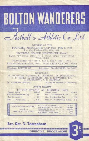 Spurs v Bolton Wanderers (03 Oct 1953) Programme