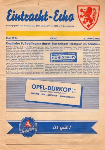 Spurs v Eintracht Braunschweig (05 May 1954) Programme