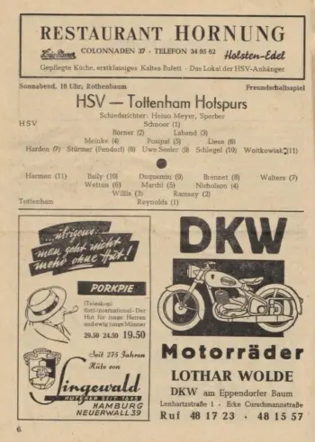 Spurs v Hamburger SV (08 May 1954) Programme