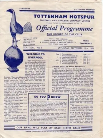 Spurs v Liverpool FC (12 Sep 1953) Programme