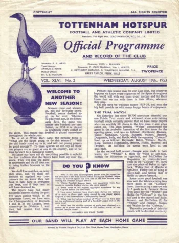 Spurs v Aston Villa (19 Aug 1953) Programme