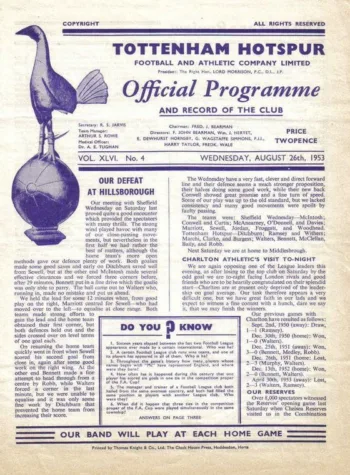 Spurs v Charlton Athletic (26 Aug 1953) Programme