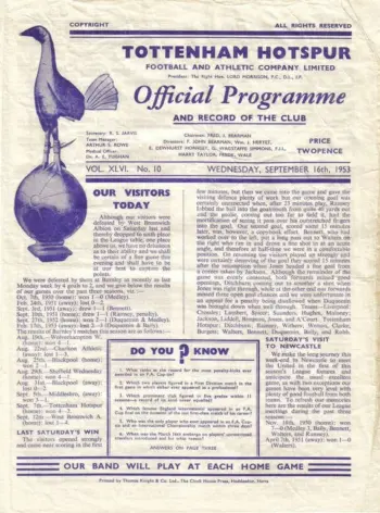 Spurs v Burnley FC (16 Sep 1953) Programme