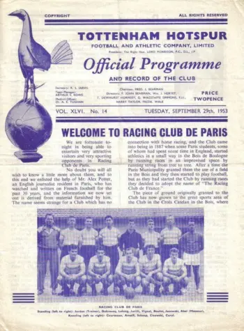 Spurs v Racing Club de France Football (29 Sep 1953) Programme