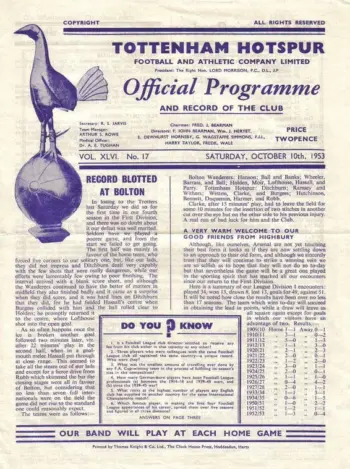 Spurs v Arsenal FC (10 Oct 1953) Programme