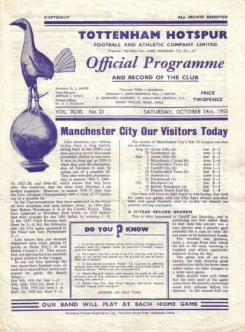 Spurs v Manchester City (24 Oct 1953) Programme
