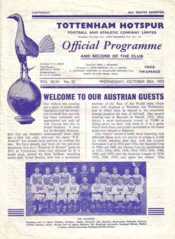 Spurs v FK Austria Wien (28 Oct 1953) Programme