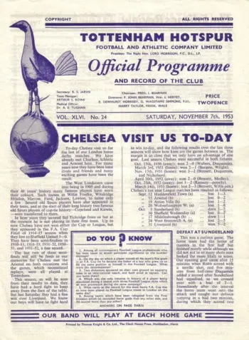 Spurs v Chelsea FC (07 Nov 1953) Programme