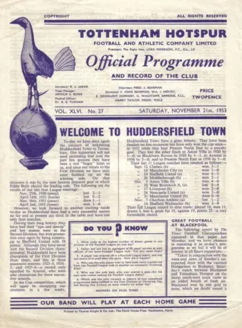 Spurs v Huddersfield Town (21 Nov 1953) Programme