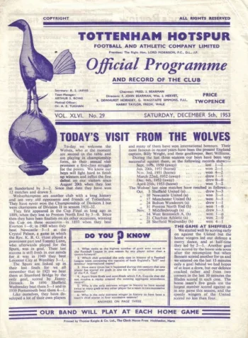 Spurs v Wolverhampton Wanderers (05 Dec 1953) Programme