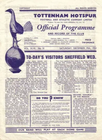 Spurs v Sheffield Wednesday (19 Dec 1953) Programme