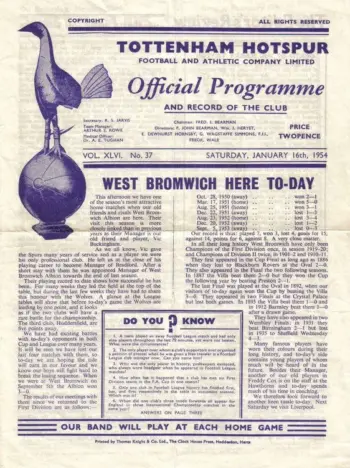 Spurs v West Bromwich Albion (16 Jan 1954) Programme