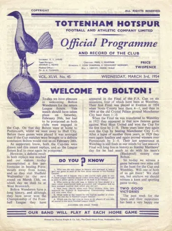 Spurs v Bolton Wanderers (03 Mar 1954) Programme