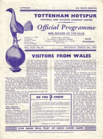 Spurs v Cardiff City (06 Mar 1954) Programme