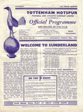 Spurs v Sunderland AFC (20 Mar 1954) Programme