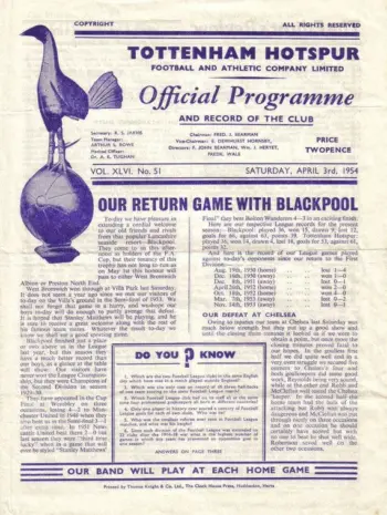 Spurs v Blackpool FC (03 Apr 1954) Programme