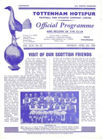 Spurs v Hibernian (05 Apr 1954) Programme