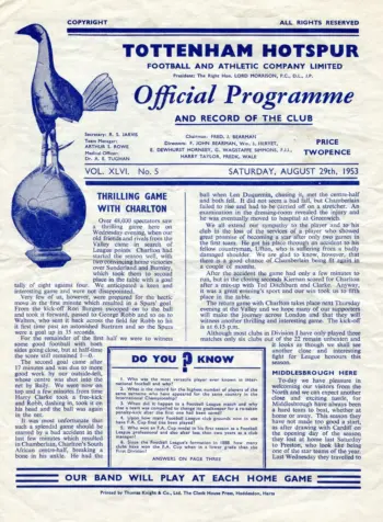 Spurs v Middlesbrough FC (29 Aug 1953) Programme