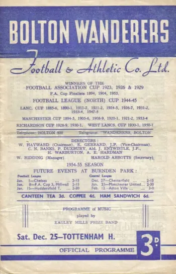 Spurs v Bolton Wanderers (25 Dec 1954) Programme