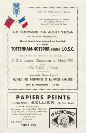 Spurs v LOSC Lille (14 Aug 1954) Programme