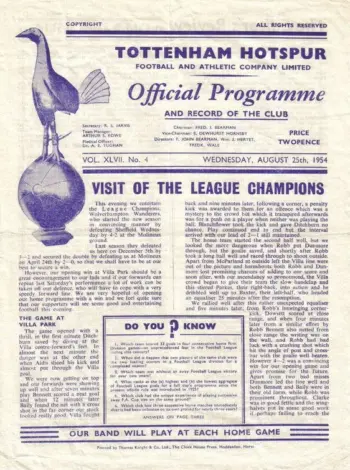 Spurs v Wolverhampton Wanderers (25 Aug 1954) Programme