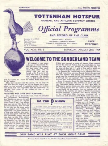 Spurs v Sunderland AFC (28 Aug 1954) Programme