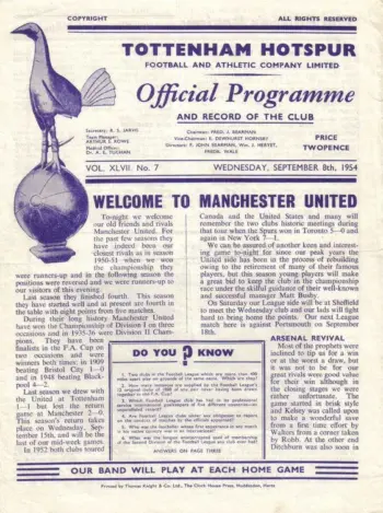 Spurs v Manchester United (08 Sep 1954) Programme