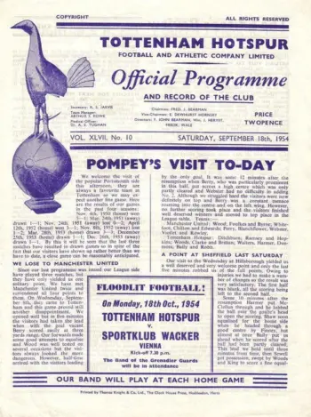 Spurs v Portsmouth FC (18 Sep 1954) Programme
