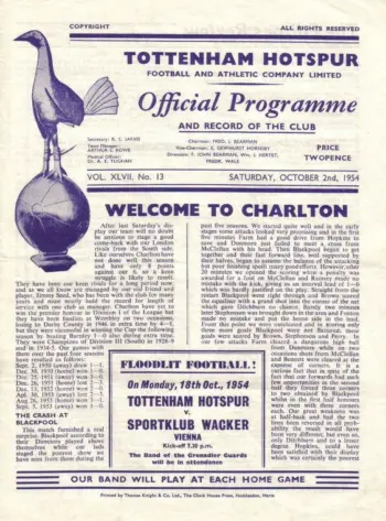 Spurs v Charlton Athletic (02 Oct 1954) Programme