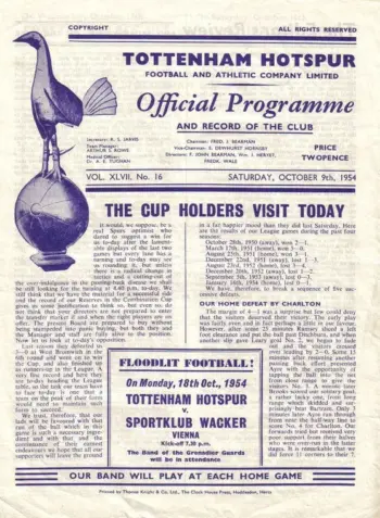 Spurs v West Bromwich Albion (09 Oct 1954) Programme